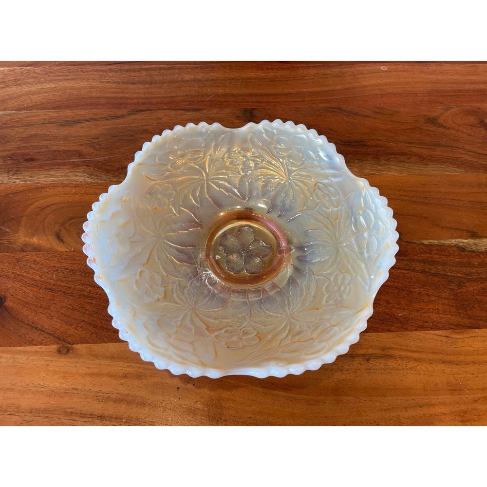Fenton White Opalescent Carnival Glass Cherry Chain Ruffled Footed Bowl 8.25in